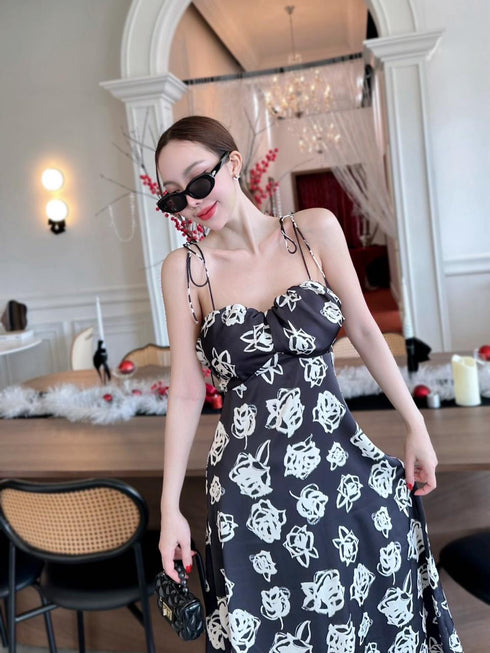 SIRINNN Floral Spaghetti Strip Padded Long Dress